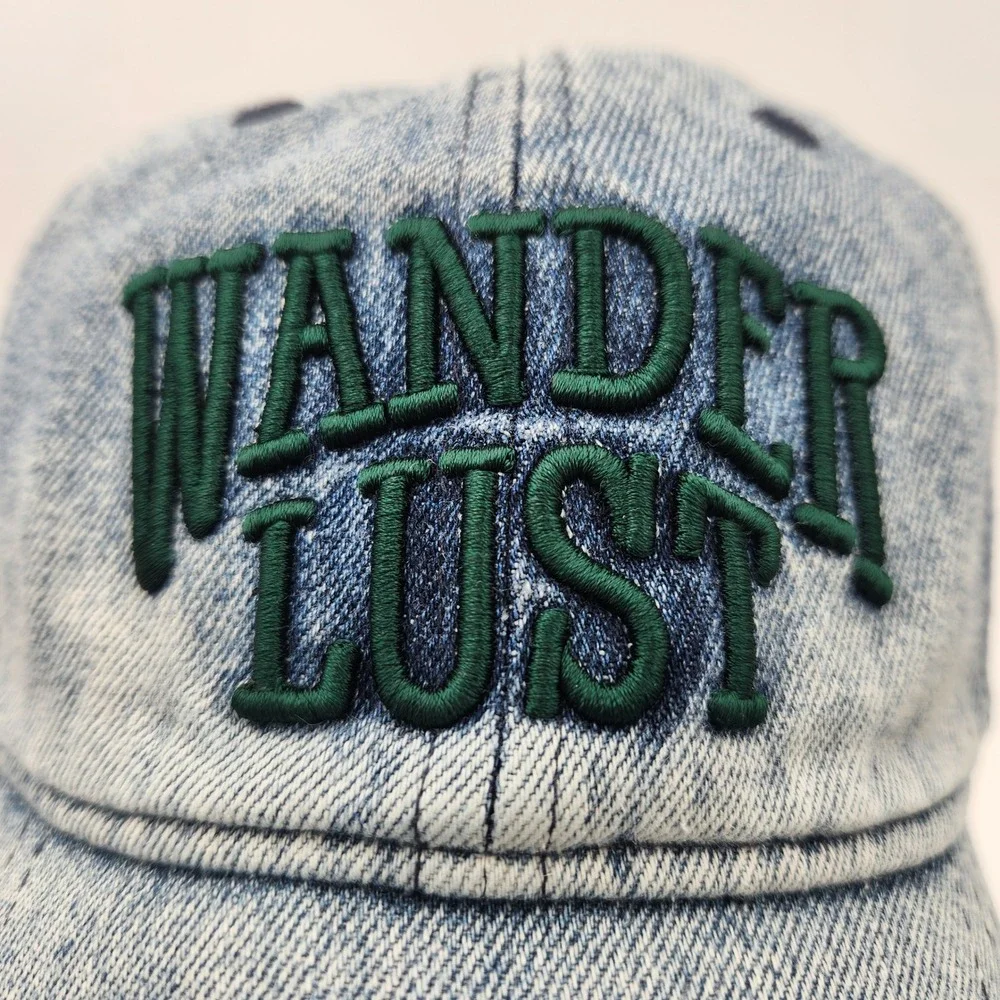 Wanderlust Embroidered‎ Acid Wash Denim Baseball Cap Blue Green Adjustable NEW